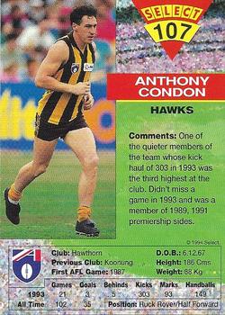1994 Select AFL #107 Anthony Condon Back